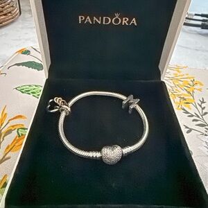 Pandora 6.3 inch Moments Sparkling Heart & Snake Chain Bracelet with 2 charms